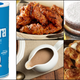 Product shot of Wondra beside a gravy boat, sauce-covered pasta, boneless wings, and angel food cake